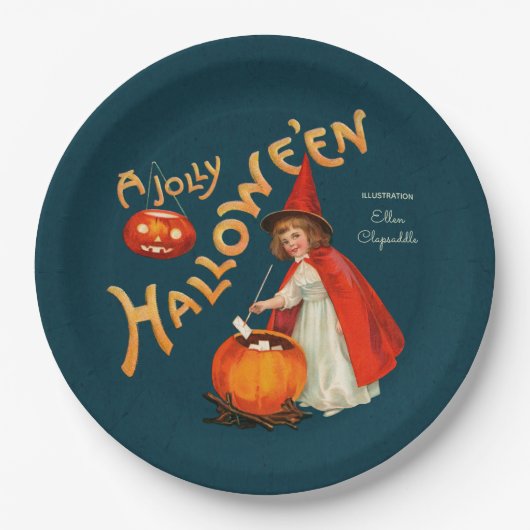 Assiettes En Carton Halloween Cute petite sorcière CC1243 Clapsaddle (Devant)