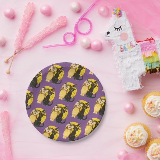 Assiettes En Carton Halloween démodé, chat noir & hibou (Fête)