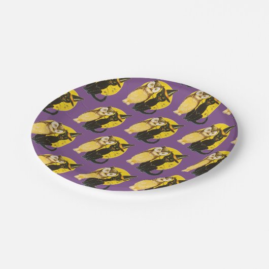 Assiettes En Carton Halloween démodé, chat noir & hibou (Angle)