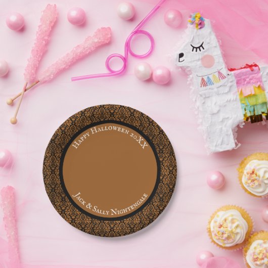 Assiettes En Carton Halloween Distressed Victorian Orange Black Damask (Fête)