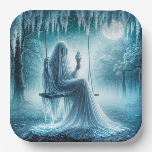 Assiettes En Carton Halloween Fantôme Manger Un Cône De Crème Glaciair (Recto)