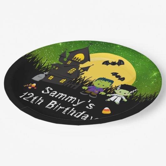 Assiettes En Carton Halloween Fête Monstres Vert (Angle)