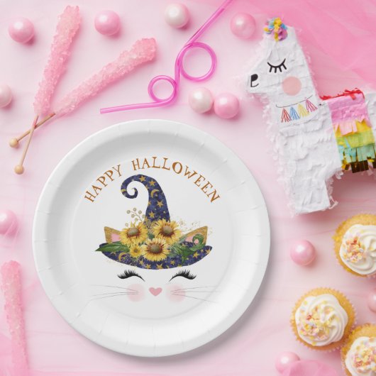 Assiettes En Carton Halloween florale en or Kitty Face (Fête)