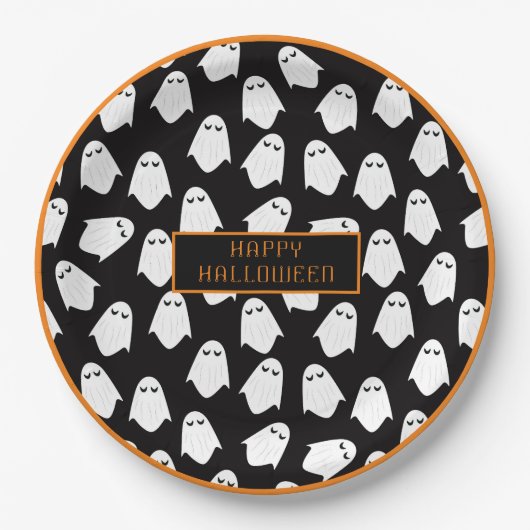Assiettes En Carton Halloween Ghost Monogramme Éffrayant noir blanc am (Devant)