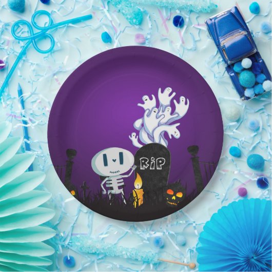 Assiettes En Carton Halloween Graveyard Éffrayant Cute Skeleton & Ghos (Fête)