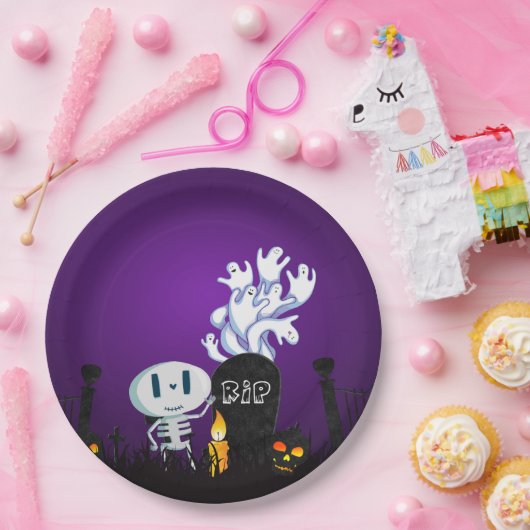 Assiettes En Carton Halloween Graveyard Éffrayant Cute Skeleton & Ghos (Fête)
