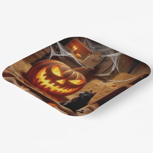 Assiettes En Carton Halloween Jack-o-lanterne et chat en grange (Angulaire)