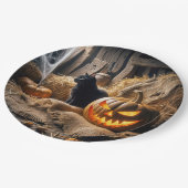 Assiettes En Carton Halloween Jack-o-lanterne et chat en grange (Angle)