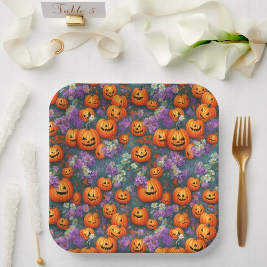 Assiettes En Carton Halloween Jack-o'-lanternes Et Fleurs Violettes (Mariage)