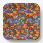 Assiettes En Carton Halloween Jack-o'-lanternes Et Fleurs Violettes (Recto)