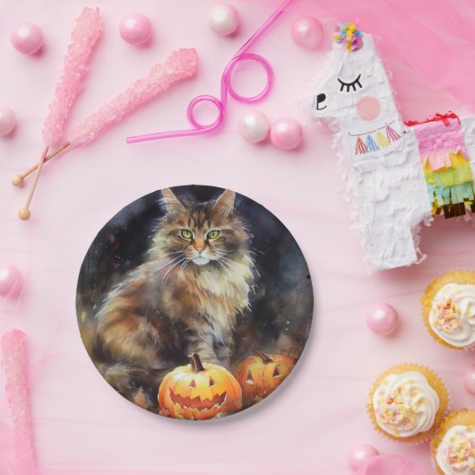 Assiettes En Carton Halloween Maine Coon Chat Avec Crainte Citrouille (Fête)
