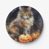 Assiettes En Carton Halloween Maine Coon Chat Avec Crainte Citrouille (Devant)