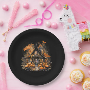 Assiettes En Carton Halloween Maison hantée avec Citrouille noir
