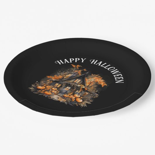 Assiettes En Carton Halloween Maison hantée avec Citrouilles & Foliage (Angle)