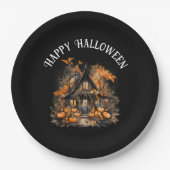 Assiettes En Carton Halloween Maison hantée avec Citrouilles & Foliage (Devant)