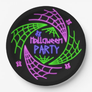 Assiettes En Carton Halloween Neon Glow Look Spider Web Party 9"
