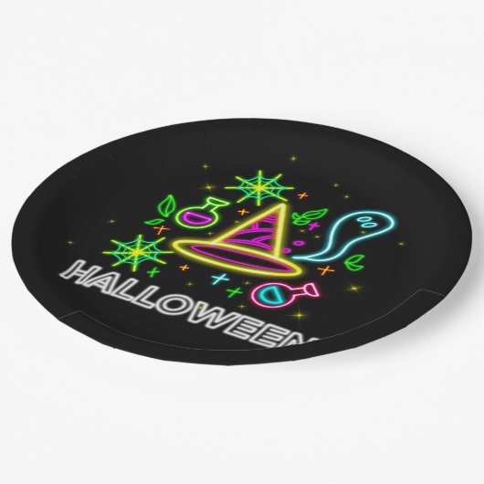 Assiettes En Carton Halloween Neon Look Casquette Ghost Web Party 9" (Angle)