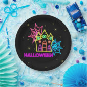 Assiettes En Carton Halloween Neon Look Haunted House Spider Web 9" (Fête)