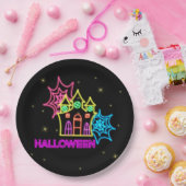 Assiettes En Carton Halloween Neon Look Haunted House Spider Web 9" (Fête)