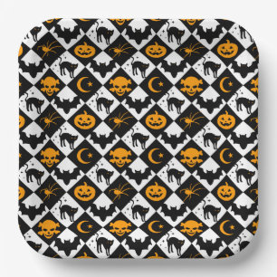 Assiettes En Carton Halloween noir blanc Orange arlequin Motif