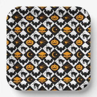 Assiettes En Carton Halloween noir blanc Orange arlequin Motif