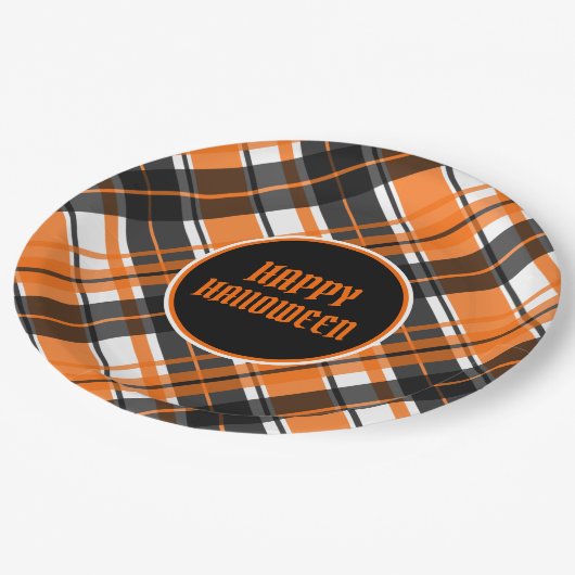 Assiettes En Carton Halloween noir orange et blanc plaid (Angle)