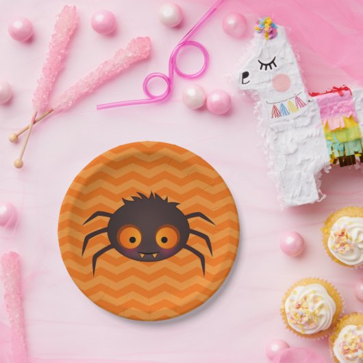 Assiettes En Carton Halloween Orange Chevron Cute Spider Design (Fête)