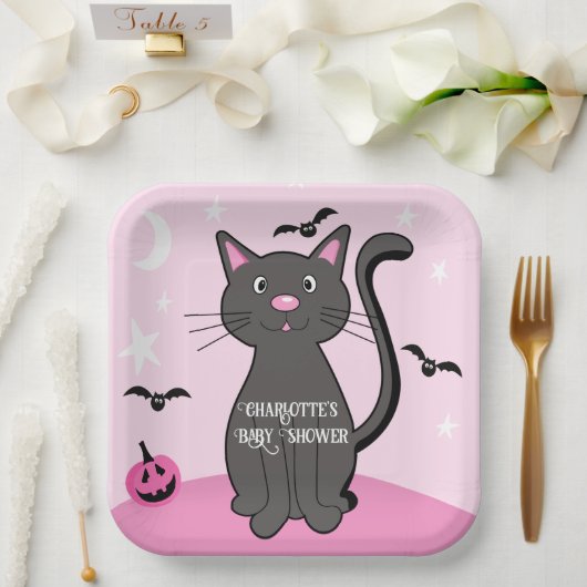Assiettes En Carton Halloween rose Baby shower fille chatte noir (Mariage)