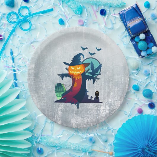 Assiettes En Carton Halloween Scarecrow With Bats Crow and Owl (Fête)
