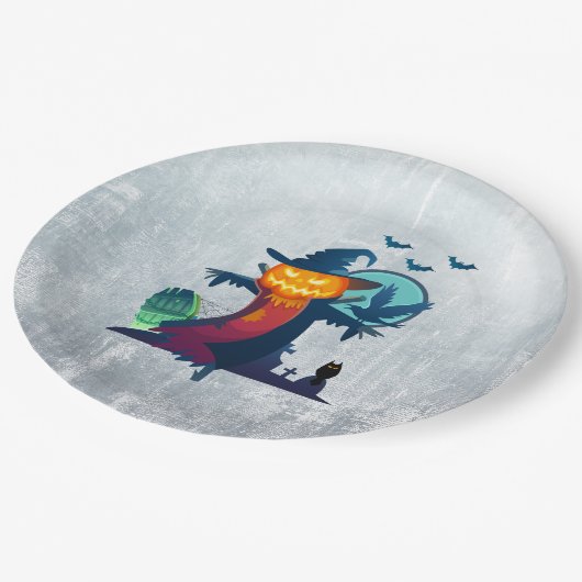 Assiettes En Carton Halloween Scarecrow With Bats Crow and Owl (Angle)