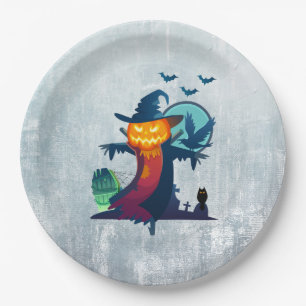 Assiettes En Carton Halloween Scarecrow With Bats Crow and Owl