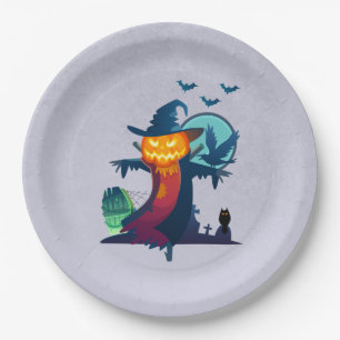 Assiettes En Carton Halloween Scarecrow With Bats Crow and Owl