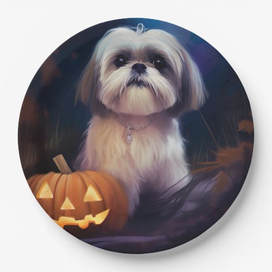 Assiettes En Carton Halloween Shih Tzu Avec La Peur Citrouille (Devant)