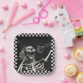 Assiettes En Carton Halloween Skeleton noir blanc À damiers (Fête)
