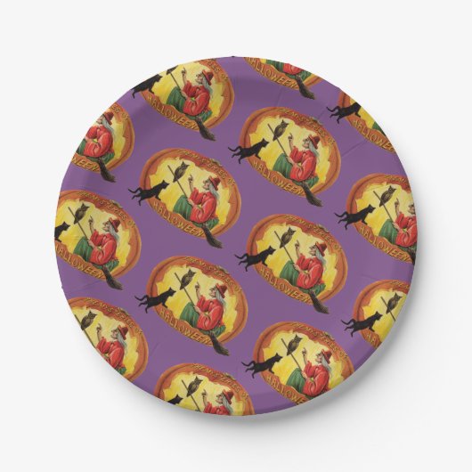 Assiettes En Carton Halloween, sorcière, chat noir & hibou (Devant)