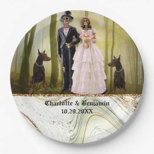 Assiettes En Carton Halloween Squelette Couple Mariage gothique Papier (Devant)