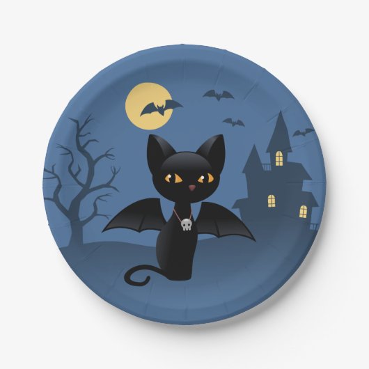 Assiettes En Carton Halloween Vampire Chat noir avec ailes (Devant)