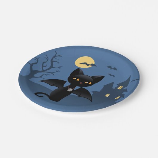 Assiettes En Carton Halloween Vampire Chat noir avec ailes (Angle)