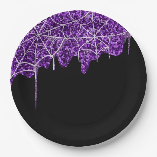 Assiettes En Carton Halloween violet blanc Spiderweb (Devant)