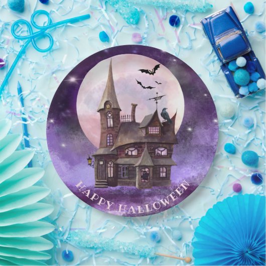 Assiettes En Carton Halloween violet Haunween Pleine lune de chauves-s (Fête)