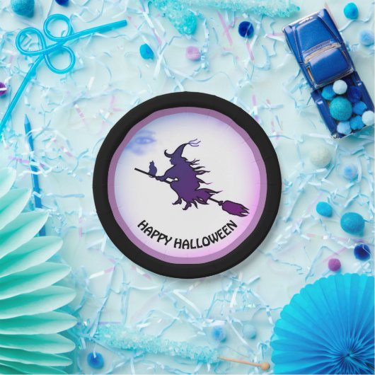 Assiettes En Carton Halloween volant sorcière et chat noir (Fête)