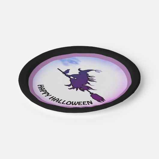 Assiettes En Carton Halloween volant sorcière et chat noir (Angle)