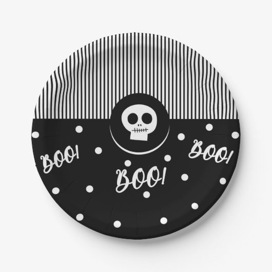 Assiettes En Carton Halloween Whimsical Boo Skull Black & White Party (Devant)