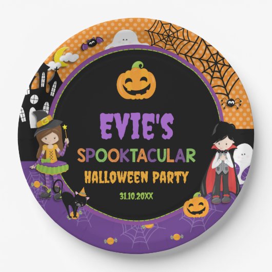 Assiettes En Carton Halloween Witch Dracula Jack-o'-lantern Citrouille (Devant)