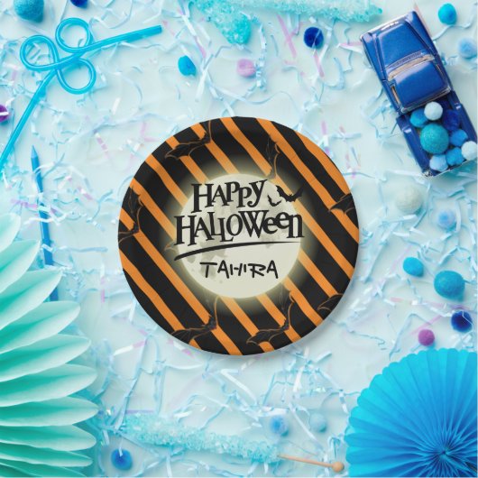 Assiettes En Carton Hallowen Stripes et chauves-souris (Fête)