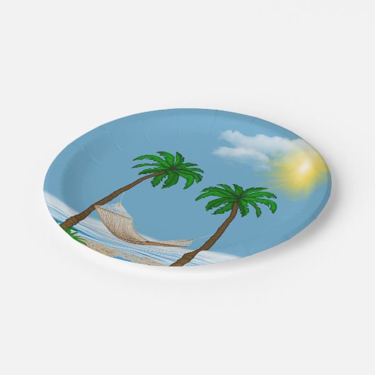 Assiettes En Carton Hamac tropical et palmiers (Angle)