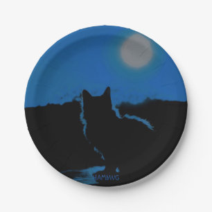 Assiettes En Carton HAMbWG - Plaque papier - Chat bleu et lune