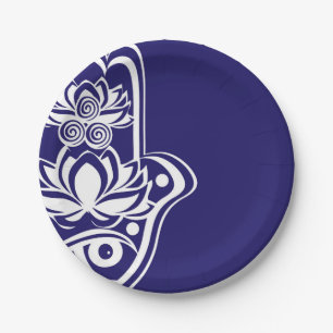 Assiettes En Carton Hamsa bleu et blanc