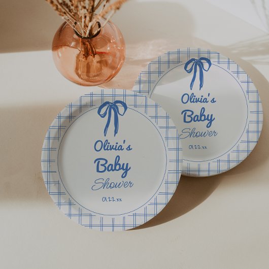 Assiettes En Carton Hand Drawn Blue Gingham Bow Baby Shower