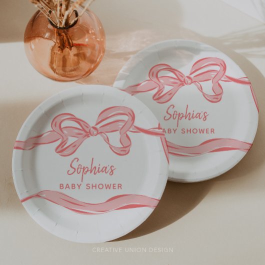 Assiettes En Carton Hand Drawn Pink Bow Girl Baby Shower